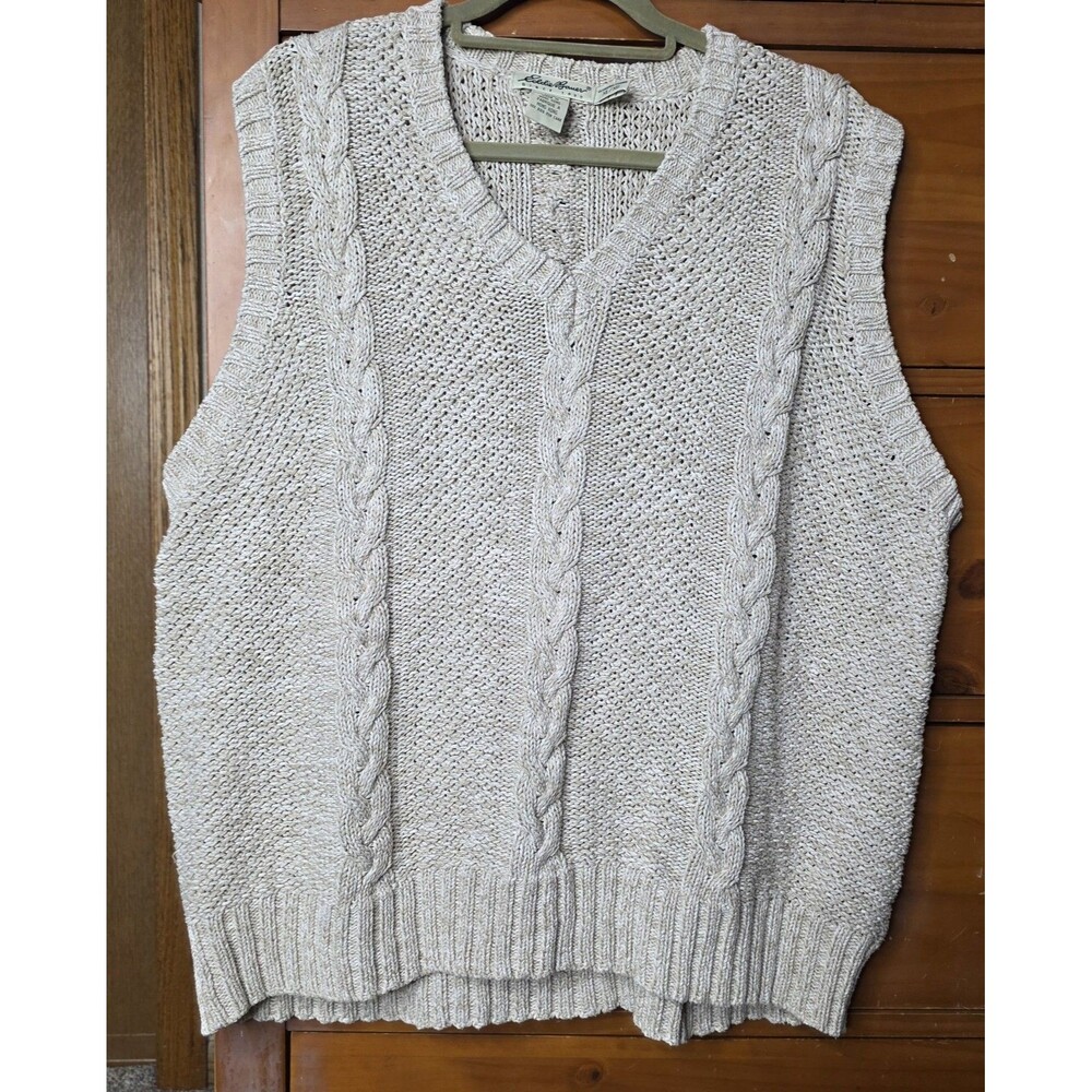 Eddie Bauer Cable Knit Sweater Vest Size XL Beige Crew Neck Pullover Academia
